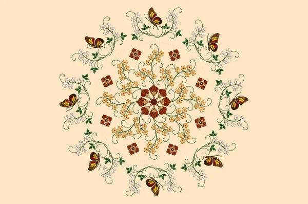 葉を持つ茎に刺繍蝶の楕円形の花輪と黄色の背景に黄色の花のパターンを持つ白い花 — ストック写真