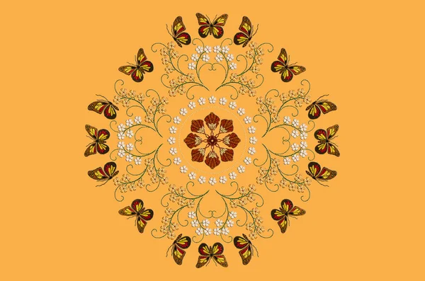 白い花茎の間に刺繍蝶の丸いパターンとオレンジの背景の真ん中にパターンを持つ花のフレーム — ストック写真
