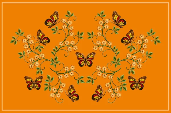 黄色の花に蝶の刺繍のためのパターンツイスト茎とオレンジの背景に緑の葉 — ストック写真