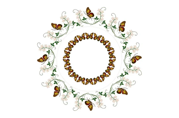 Wreath Embroidered Butterflies Stems Leaves White Flowers Mid Frame Beads — Stock Photo, Image