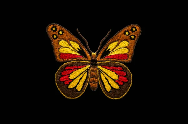 Pattern Stylized Motley Butterfly Embroidery Black Backgroun — Stock Photo, Image