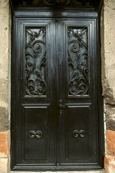 Black Double Leaf Iron Door Covered Wrought Iron Decorative Black — Stock Photo, Image