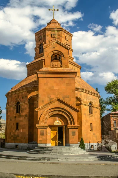 Facade Entrance Beautiful Arched Portal Bell Tower Copper Cross Catholic — 스톡 사진