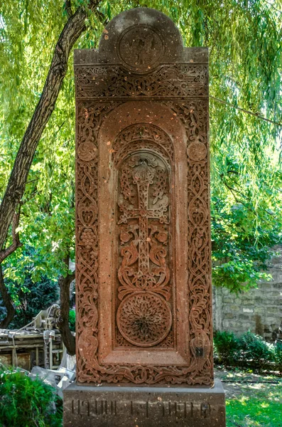 Khachkar Pedra Velha Com Figuras Santos Círculo Emoldurado Por Uma — Fotografia de Stock