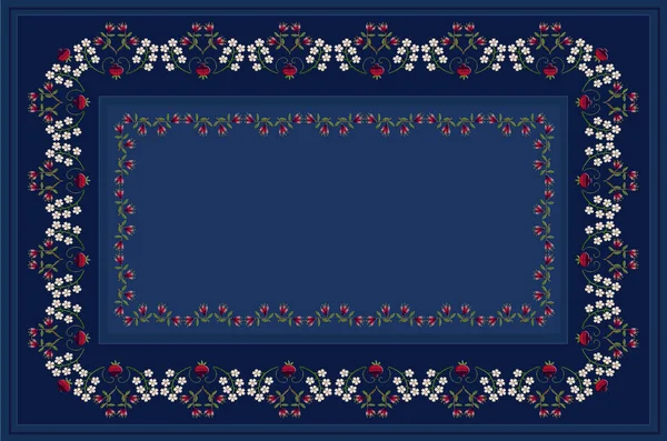 Dark Blue Tablecloth Embroidered Frame Flowers Fruits Red Pomegranates Delicate — Stock Photo, Image