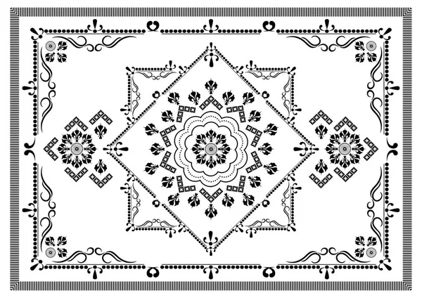 古色古香的黑色边框 白底中央有点缀过的边框和格式化的百合花 曲线和珠子图案 — 图库照片