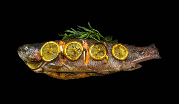 Cocinado Deliciosa Trucha Rellena Hierbas Especias Cubierto Con Rodajas Limón — Foto de Stock