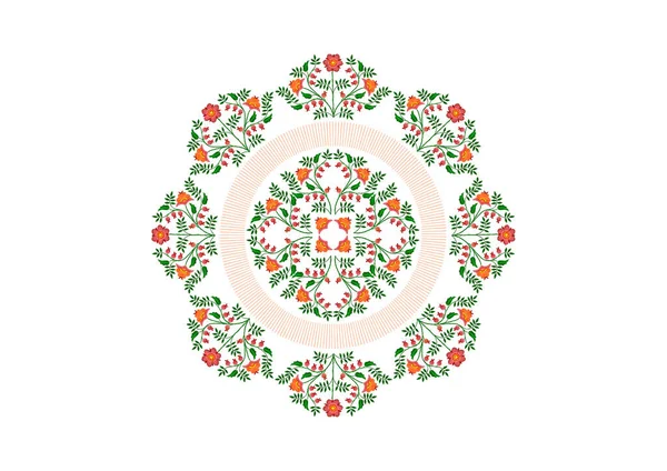 Okrągły Wzór Bukietów Różowych Kwiatów Płatkami Pomarańczy Liśćmi Jagodami Kropkowaną — Zdjęcie stockowe