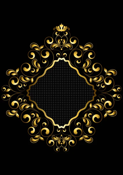 Original Golden Frame Beads Curls Leaves Black Background — Stock Vector
