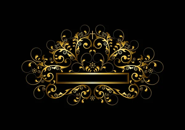 Vintage Luxury Gold Frame Beads Curls Gold Cross Black Background — Stock Vector