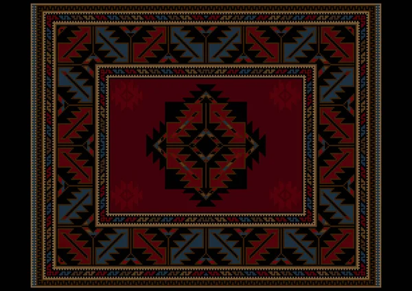 Ethnischer Teppich Mit Rotem Und Blauem Vintage Ornament Und Weinroter — Stockvektor