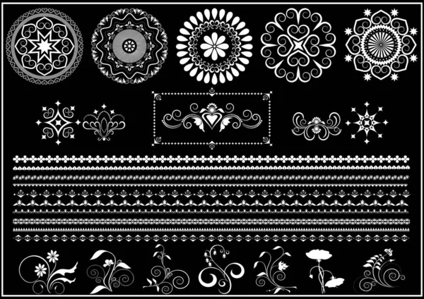 Vintage White Calligraphy Ornaments Border Black Background Design Pag — Stock Vector