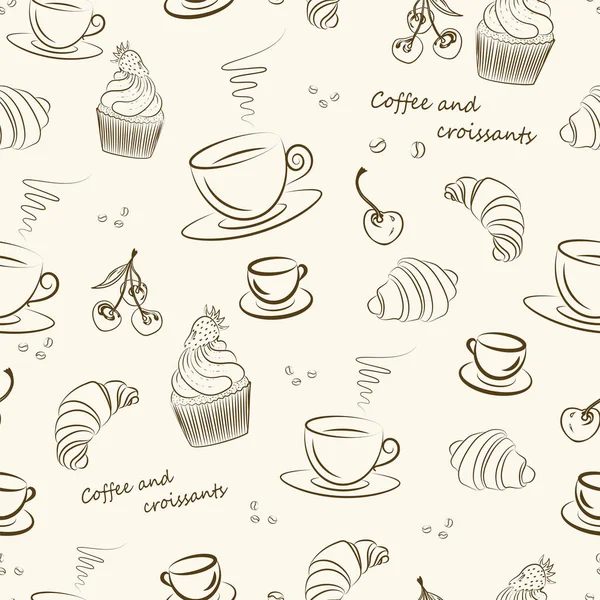 Motif Sans Couture Avec Croissants Cupcakes Tasses Café Thé Cerises — Image vectorielle