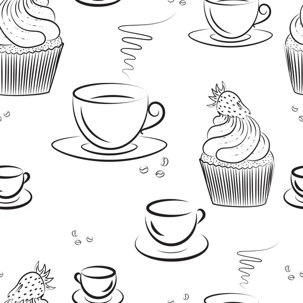 Motif Sans Couture Avec Croissants Cupcakes Tasses Café Thé Cerises — Image vectorielle