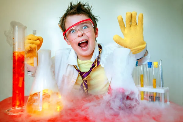 Crazy Scientist Young Boy Performing Experiments — Stock Photo, Image