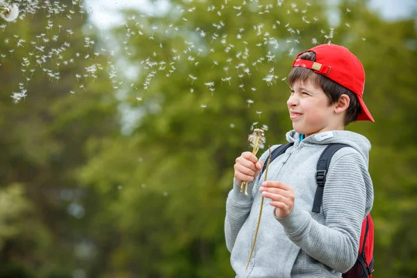 Happy child blowing dandelion flower outdoors. Boy having fun in spring park. Blurred green background — Stock Photo, Image