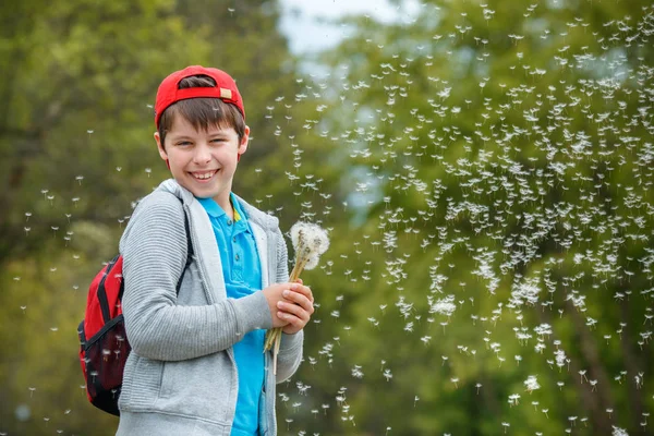 Feliz niño soplando flores de diente de león al aire libre. Chico divirtiéndose en Spring Park. Fondo verde borroso —  Fotos de Stock