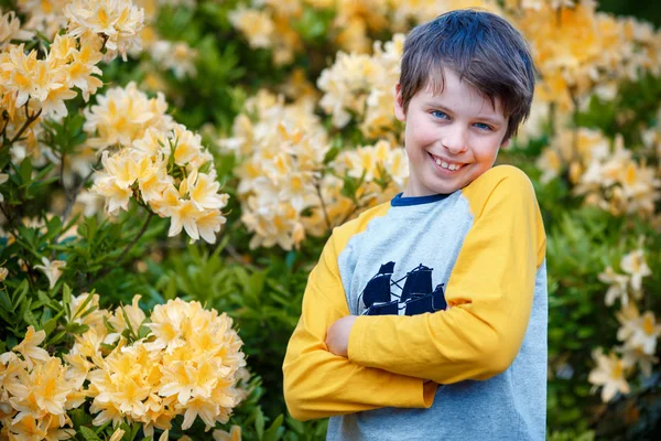 Spring portrait of cute attractive 10 year old boy posing in the garden next to blossoming yellow Rhododendron — Stock Photo, Image
