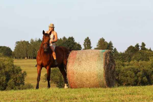 夏の日に草原にサドルなしの馬に乗る女性 — ストック写真