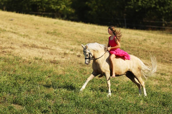 若いです女の子でピンクドレスGallopingオンポニー上の牧草地で夏の午後 — ストック写真