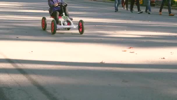 Ett barn rider en fyrhjulig cykel. — Stockvideo