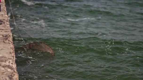 Pescador captura peces en el mar desde el muelle . — Vídeos de Stock