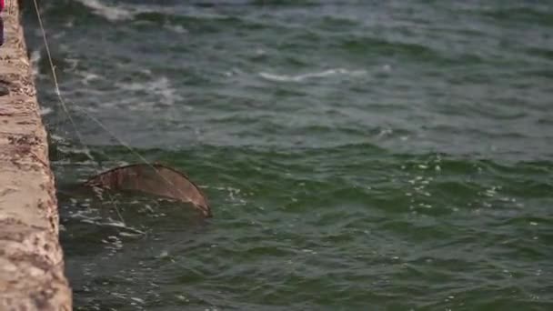 Fischer fängt Fische im Meer von der Seebrücke. — Stockvideo