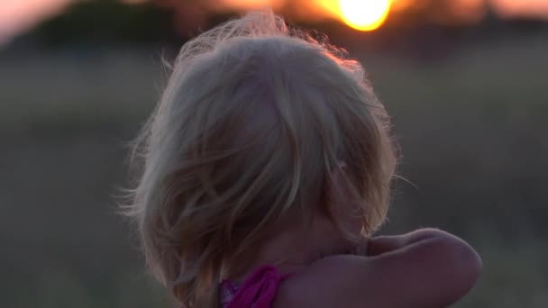 Jovem no campo durante o pôr-do-sol. Menina ao pôr-do-sol close-up . — Vídeo de Stock