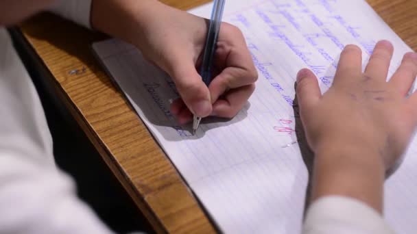 Ett barn i skolåldern skriver i en anteckningsbok. Barnet skriver med vänster hand. — Stockvideo