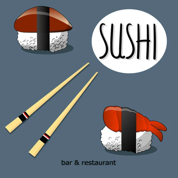 Sushi-Plakatdesign mit Vektorsushi-Charakter. Chinesisches Wort bedeutet Sushi. — Stockvektor
