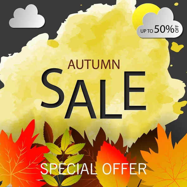 Herbst Verkauf Textvektorbanner mit bunten saisonalen Herbstblättern auf orangefarbenem Hintergrund für Rabattaktionen. Vektor i — Stockvektor