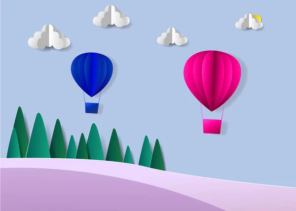 Abstracte papier snijden met zon-cloud en ballon op lichte blauwe achtergrond met ruimte voor ontwerp. — Stockvector