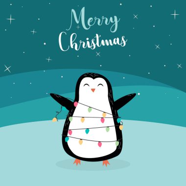 Tatil Noel tebrik kartı dört çizgi film penguenler ve Merry Christmas yazı ile vektör. vektör
