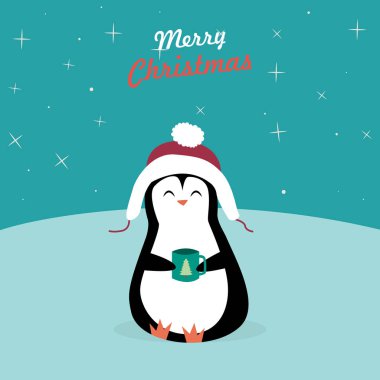 Tatil Noel tebrik kartı dört çizgi film penguenler ve Merry Christmas yazı vektör vektör