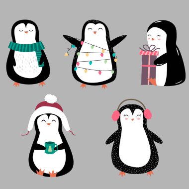 Penguenler vektör çizim karikatür. Noel penguen karakter vektör