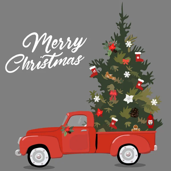 Весела різдвяна вітальна листівка ілюстрація старовинного червоного автомобіля з подарунком на ялинку на даху. вектор EPS10 . — стоковий вектор