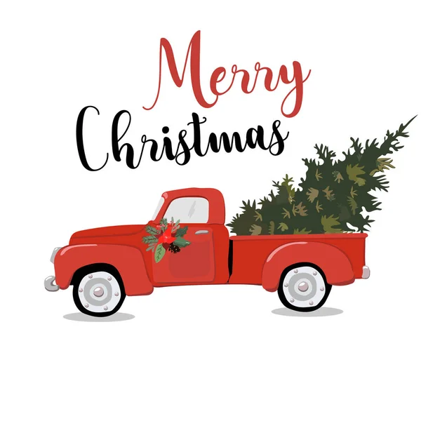 Neşeli Noel tebrik kartı Illustration xmas çam ağacı hediye çatıda ile eski model kırmızı araba. Eps10 vektör.