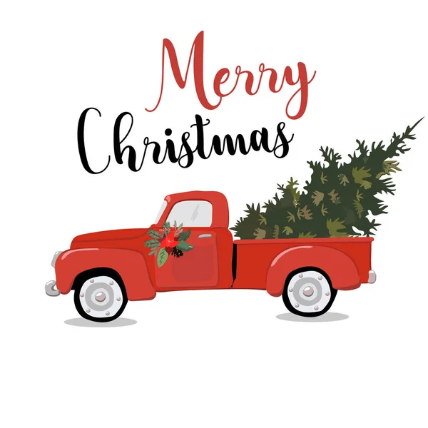 Merry christmas ilustracja życzeniami vintage czerwony samochód z dar xmas sosna drzewo na dach. Eps10 wektor. — Wektor stockowy