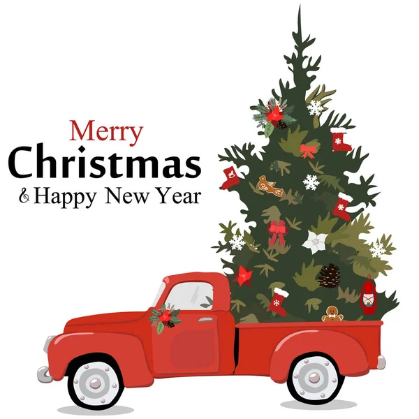 Neşeli Noel tebrik kartı Illustration xmas çam ağacı hediye çatıda ile eski model kırmızı araba. Eps10 vektör.