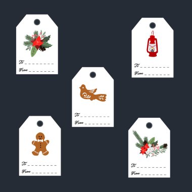 Koleksiyon neşeli Noel ve mutlu yeni yıl çiçek. Kış romantik çiçek, şık resimde tebrik yapraklar, çelenk, oyuncaklar. Scrapbooking, çıkartmalar, planlayıcısı için şablon,