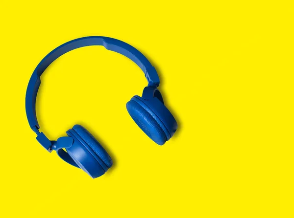 Headphones Blue Headphones Isolated Yellow Background Headphones Musical Sound Blue — Stok fotoğraf