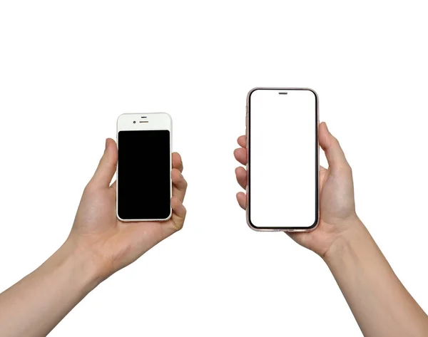 Держать Человека Руку Белый Смартфон Чистым Экраном Современным Безрамным Дизайном — стоковое фото
