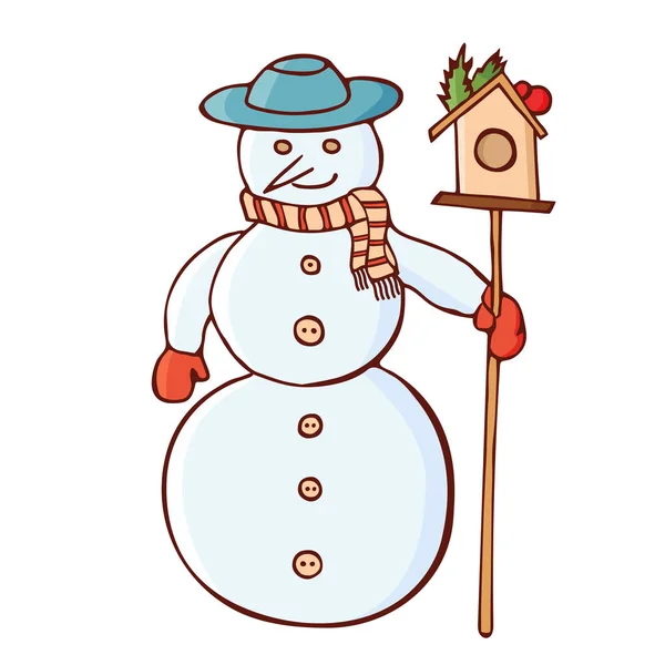 Christmas snowman in a hat with nesting box. Christmas traditional festive symbol. Isolated on white background. Vintage, doodle style. Vector color hand drawn illustration.