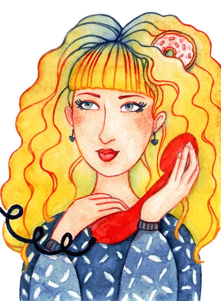 Kézzel Rajzolt Akvarell Illusztrációja Lány Szőke Göndör Haja Egy Fánkot — Stock Fotó