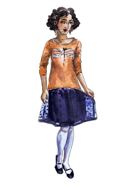 Watercolor Fashion Illustration Girl Skirt Cartoon Style Full Hight Standing — Stock Photo, Image