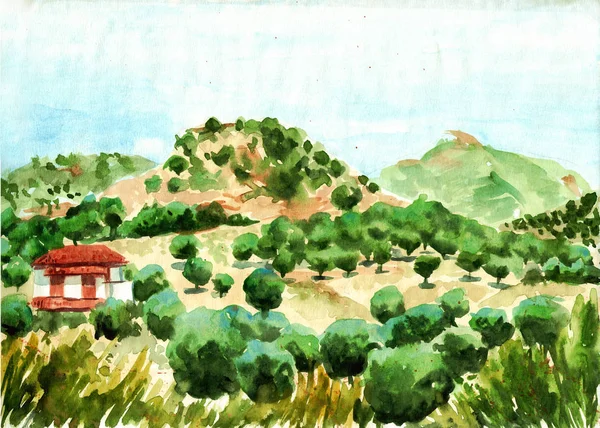 Krajobraz Grecji Domku Ilustracja Waterolor — Zdjęcie stockowe