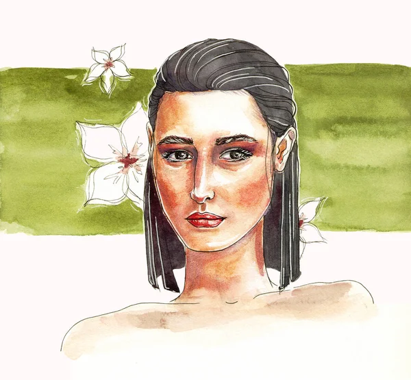 Женщина Макияжем Темными Волосами Ручная Акварельная Иллюстрация — стоковое фото