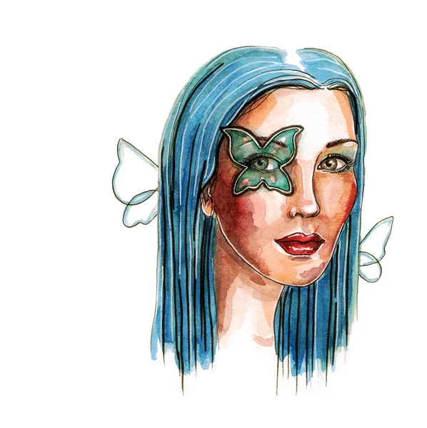 Fantasy Töltsük Fel Kék Haját Pillangók Kézzel Rajzolt Waterolor Illusztráció — Stock Fotó