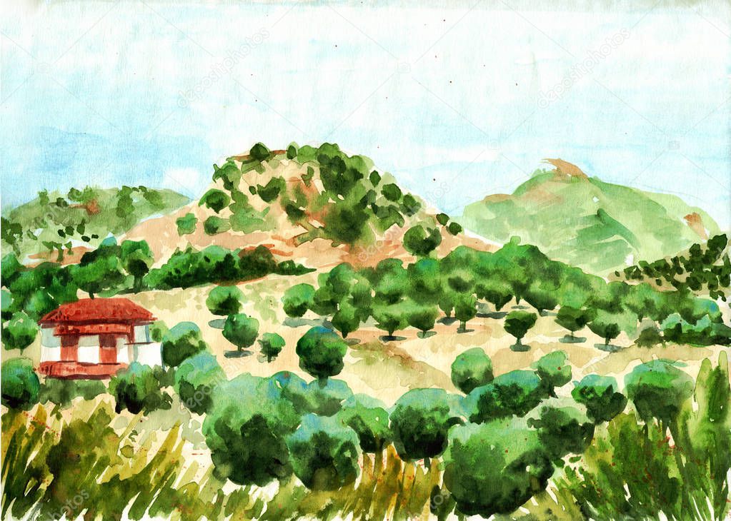 Landscape of Greece with a little house. Hand drawn waterolor illustration.