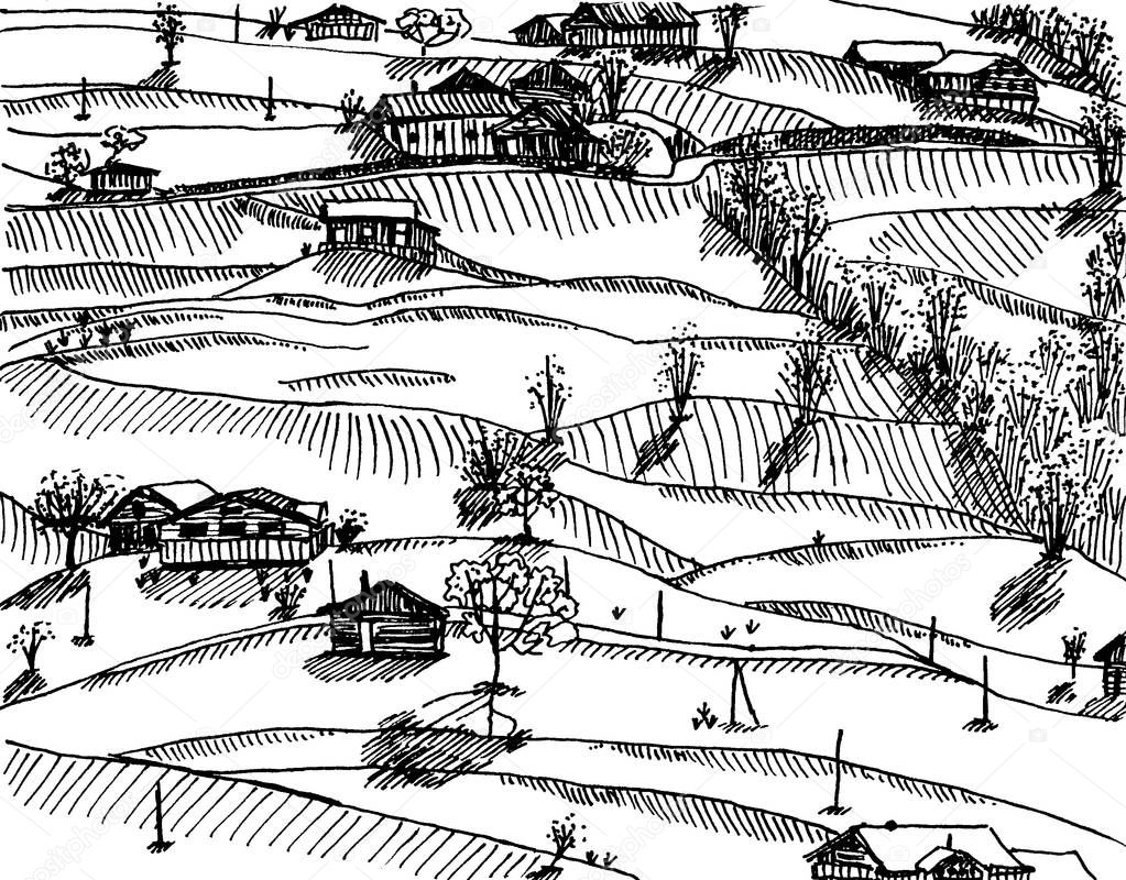 Hand drawn graphic drawing of a village in a field with trees, Switzerland